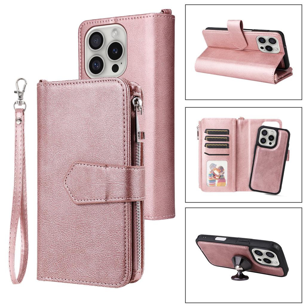 For iPhone 16 Pro Magnetic Leather Case Mobile Cover with Detachable Zipper Wallet Strap
