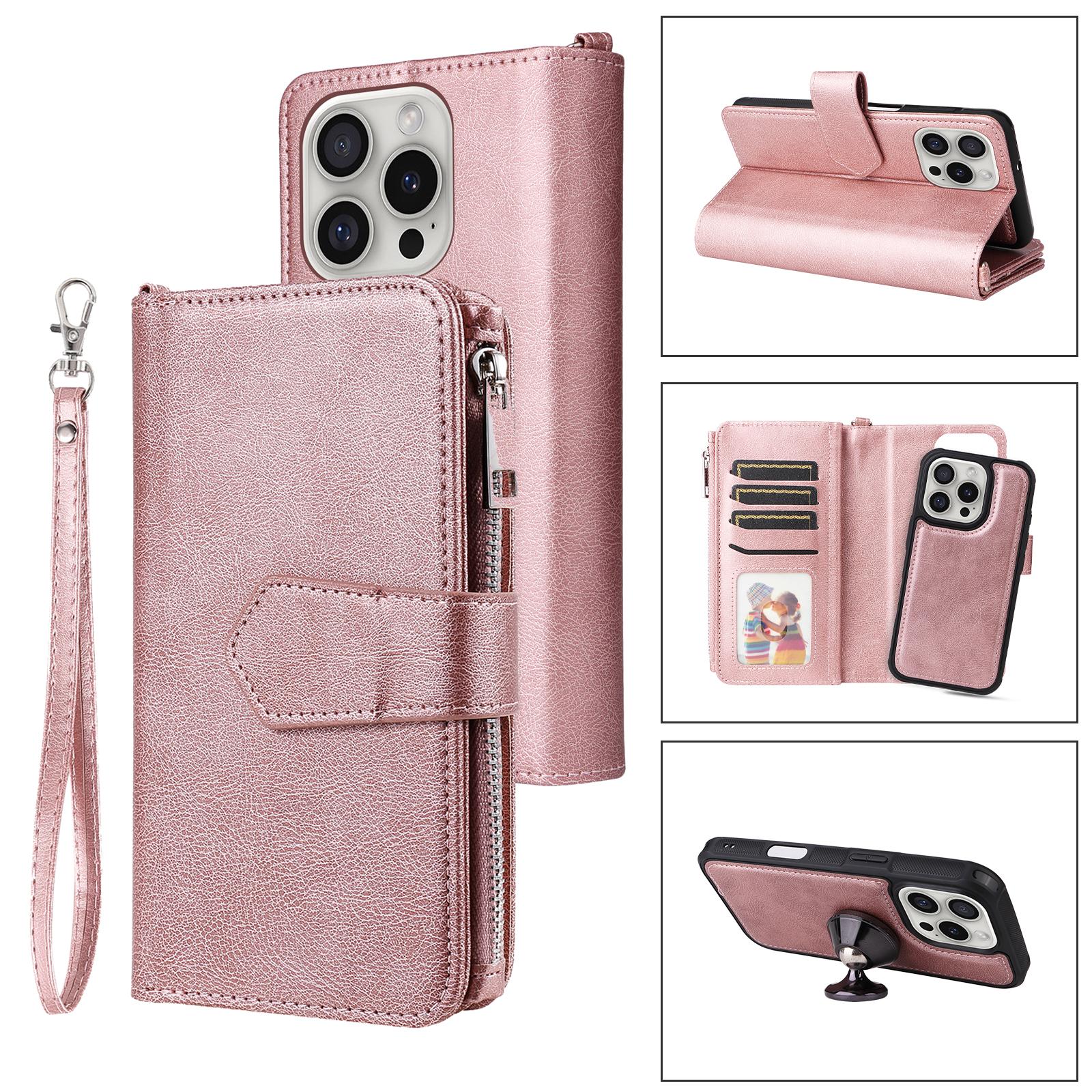 

For iPhone 16 Pro Magnetic Leather Case Mobile Cover with Detachable Zipper Wallet Strap Rose Gold