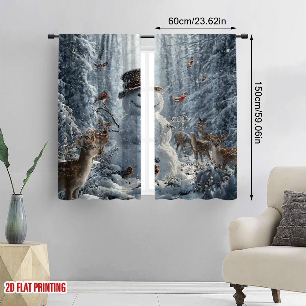 2pcs,2D Plane Printing Pattern Curtains Snowman & Reindeer Versatile Durable Polyester (without Rod) Home Decor Use for Living