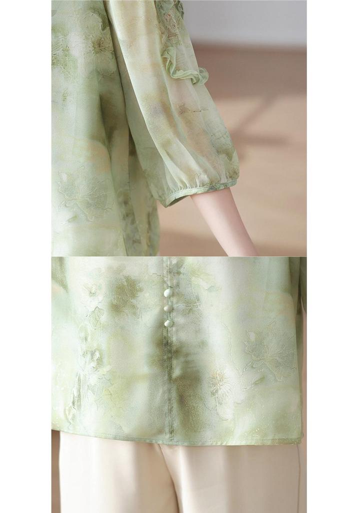 2026 New Chinese Style Spring/Summer Seven-Sleeve Chiffon Top for Middle-Aged and Elderly Women