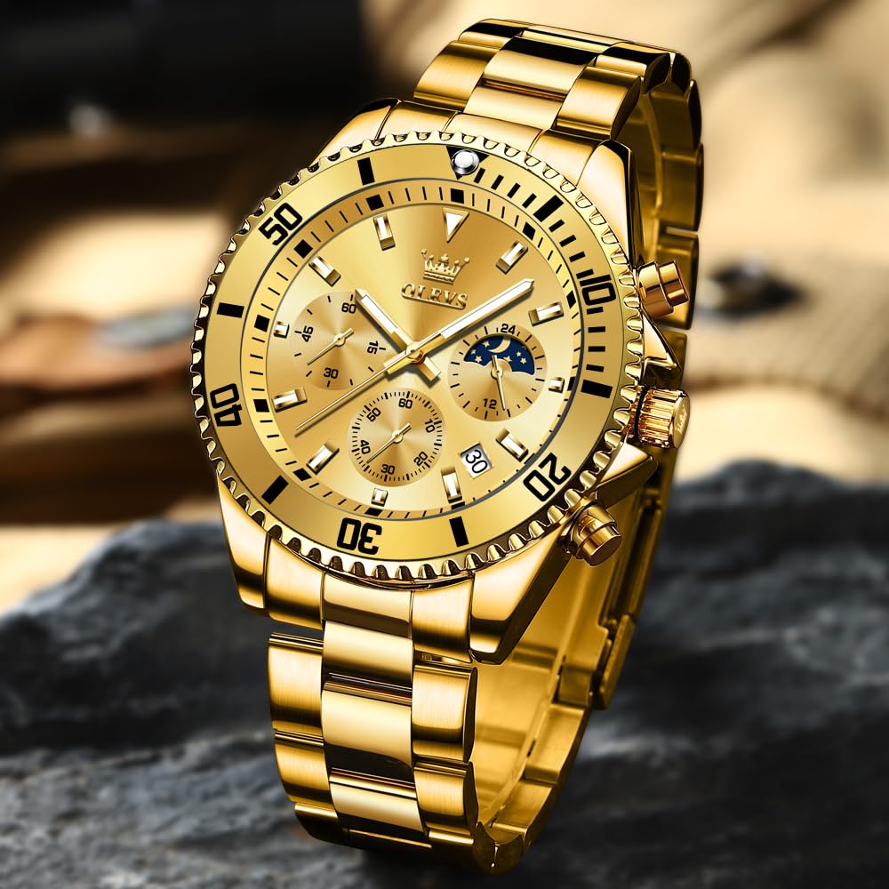OLEVS Men's Watch Stylish Black Popular Waterproof Quartz Analog Chronograph Stainless Steel Metal Band Simple Easy-to-Read Business Casual Fashion