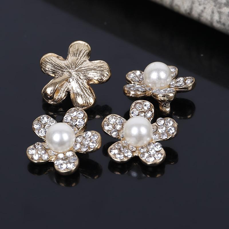 Engood 100Pcs Five-Flower Pearl Rhinestone Button Sewing Trim & Embellishments Craft Buckle for DIY Wedding Hair Accessories