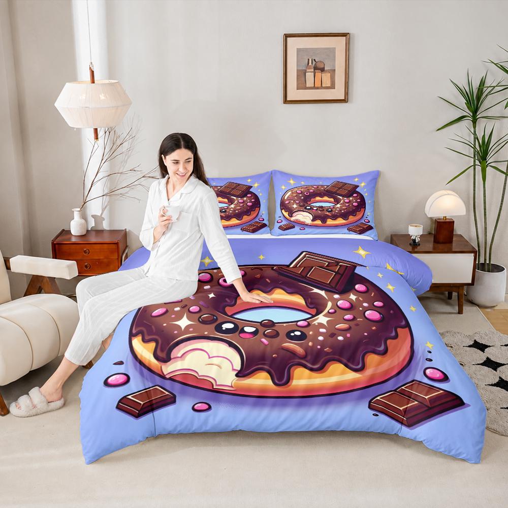 Kawaii Chocolate Donut Face Duvet Cover Set 3 Piece Cute Cartoon Food Bedding Set Sprinkles Sparkle for Kids Girls Bedroom Dorm Decor Gift