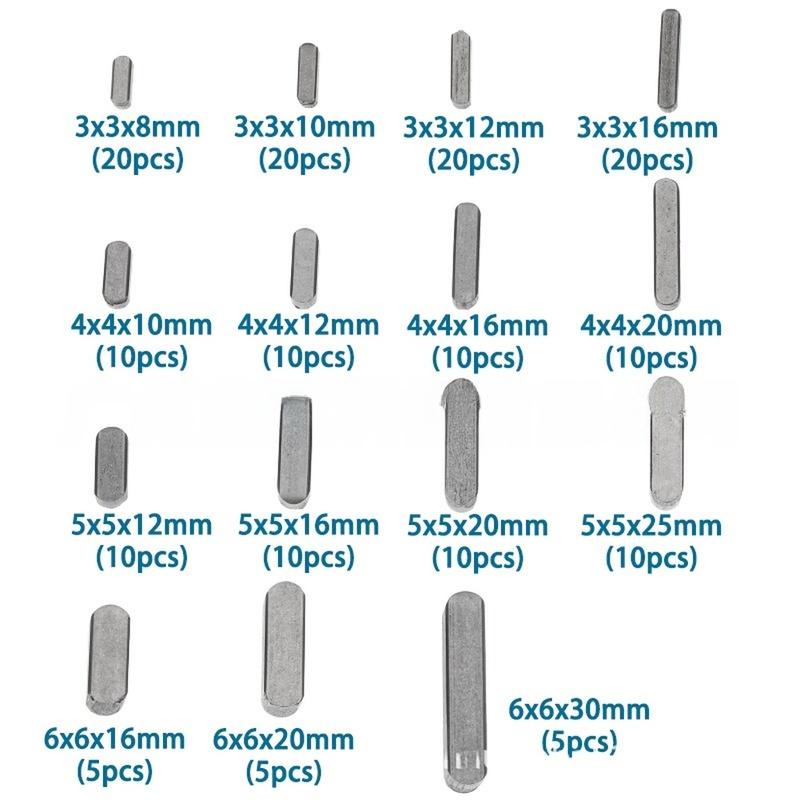 175Pcs Parallel Drive Shaft Keys Set Carbon Steel Key Stock Assortment with Multiple Sizes for Engineering Use