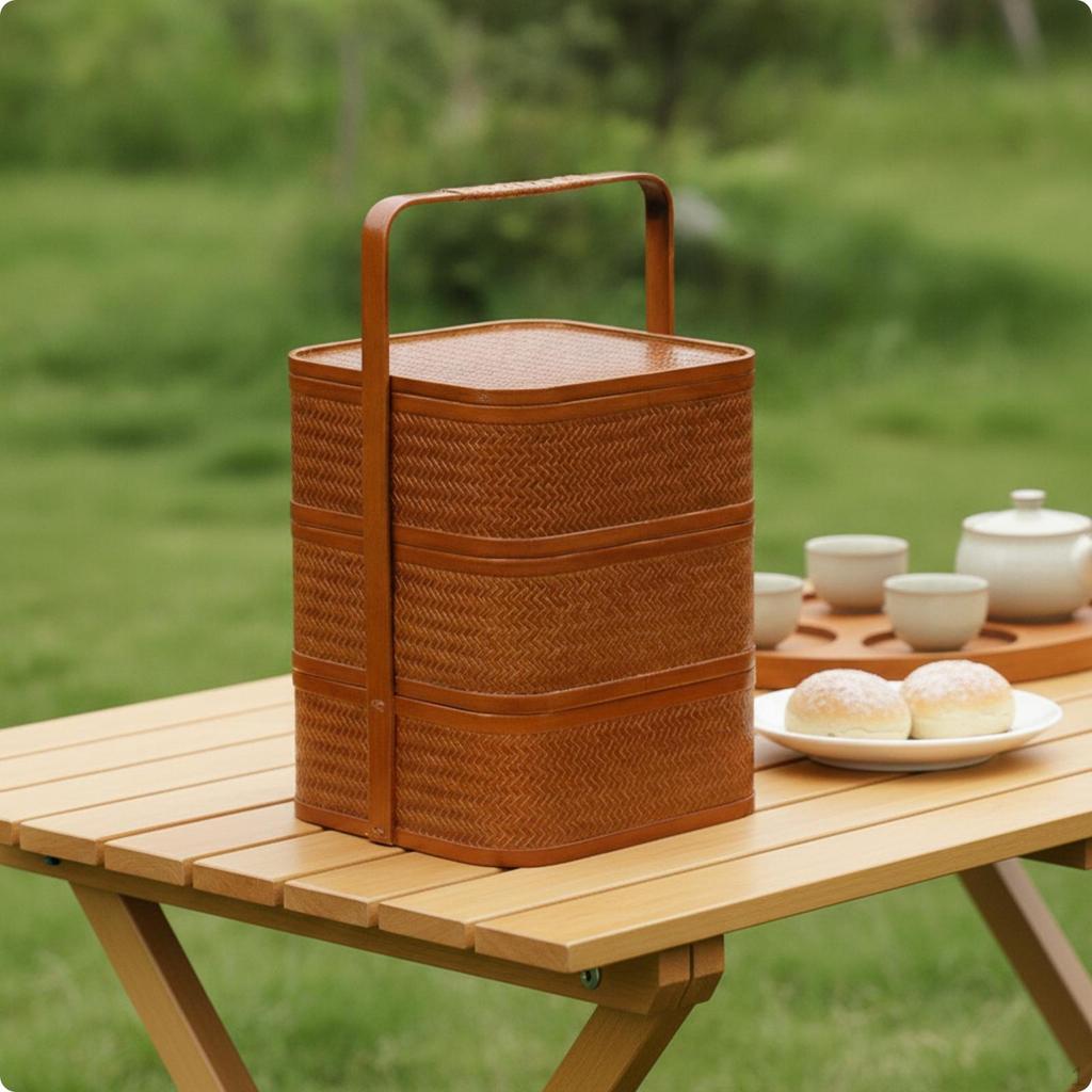 Three-Tier Carrying Basket Stackable Woven Box with Handle Portable Bamboo