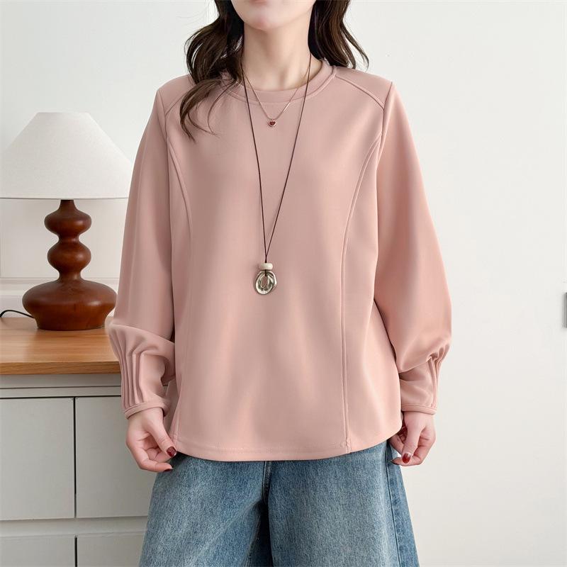 Plus Size Women's Spring Air Cotton Sweatshirt with Pleated Cuffs - Long Sleeve Casual Versatile Top