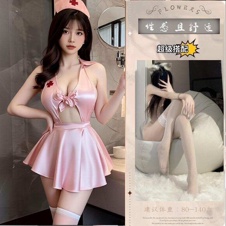 Sexy deep V neck lingerie COS nurse uniform lapel big halter nurse flirting pajama set