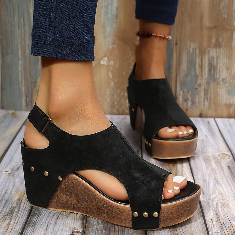 Large size wish new slope heel fish mouth sandals women's summer thick-soled rivets hollow sandals