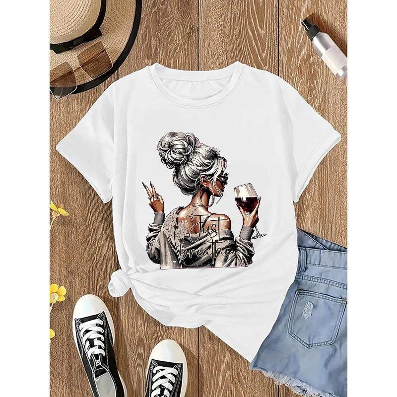 Europäische Größe Damen Mode T-Shirt, T-Shirt mit Rundhalsausschnitt und Aufdruck, Lässiges Kurzarm-T-Shirt mit Rundhalsausschnitt für Damen.