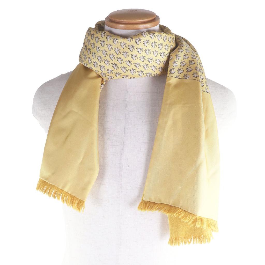 Excellent HERMES Scarf Deer Print Fringe Shawl Yellow Silk Mens Used