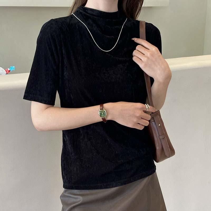 

Semi-turtleneck texture short-sleeved knitted sweater top early autumn thin slim and thin fashion sweater L чёрный