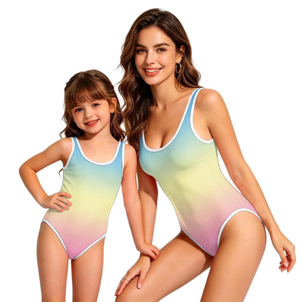 Girls One Piece Swimsuit Gradient Print Round Neck Sleeveless Swimwear Suitable for Swimming Pool Beach and Water Activities