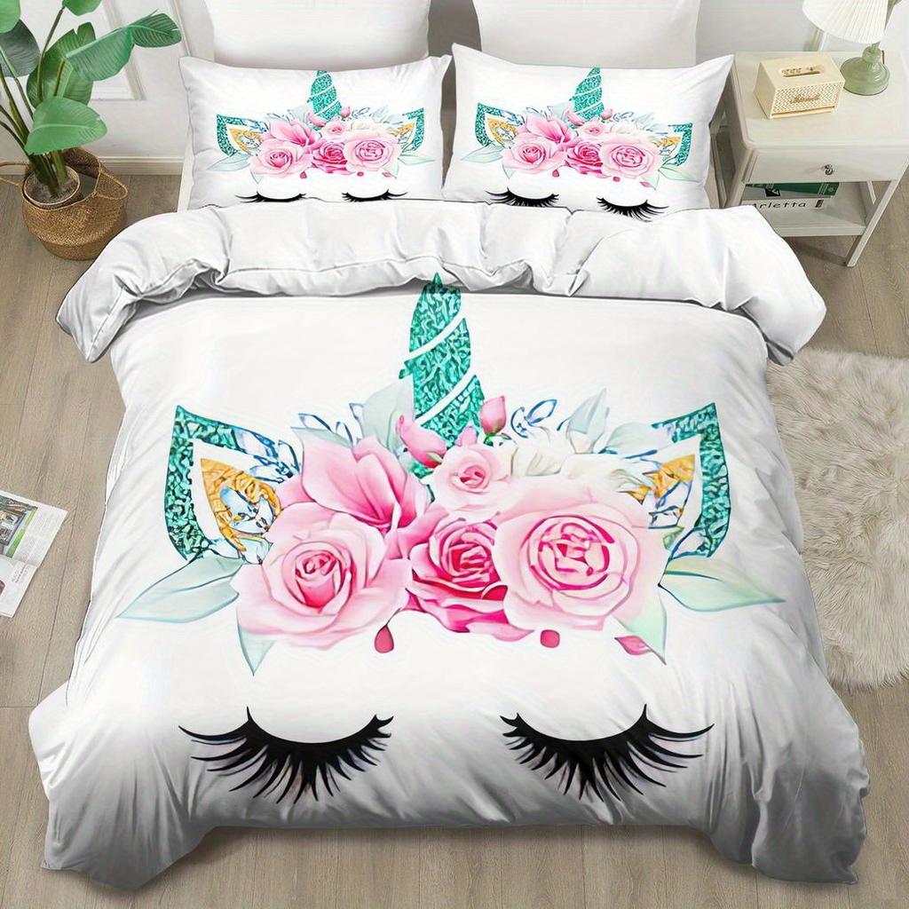 Cartoon Rainbow Print Unicorn Duvet Cover Set Multi Size Quilt Cover Queen Size Bedroom Bedding Decoration Machine Washable Adult Boy Girl