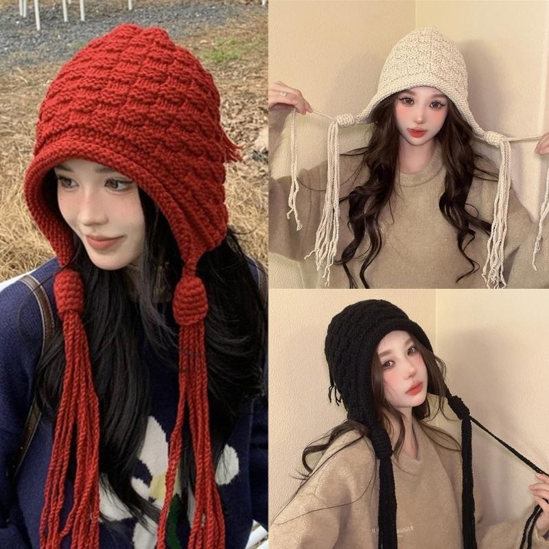Handmade Fringed Braids Hat Y2K Sweet Girl Warm Beanie Hat InsStyle Bonnet Winter Autumn Skull Hat Pullover Earflap Hat
