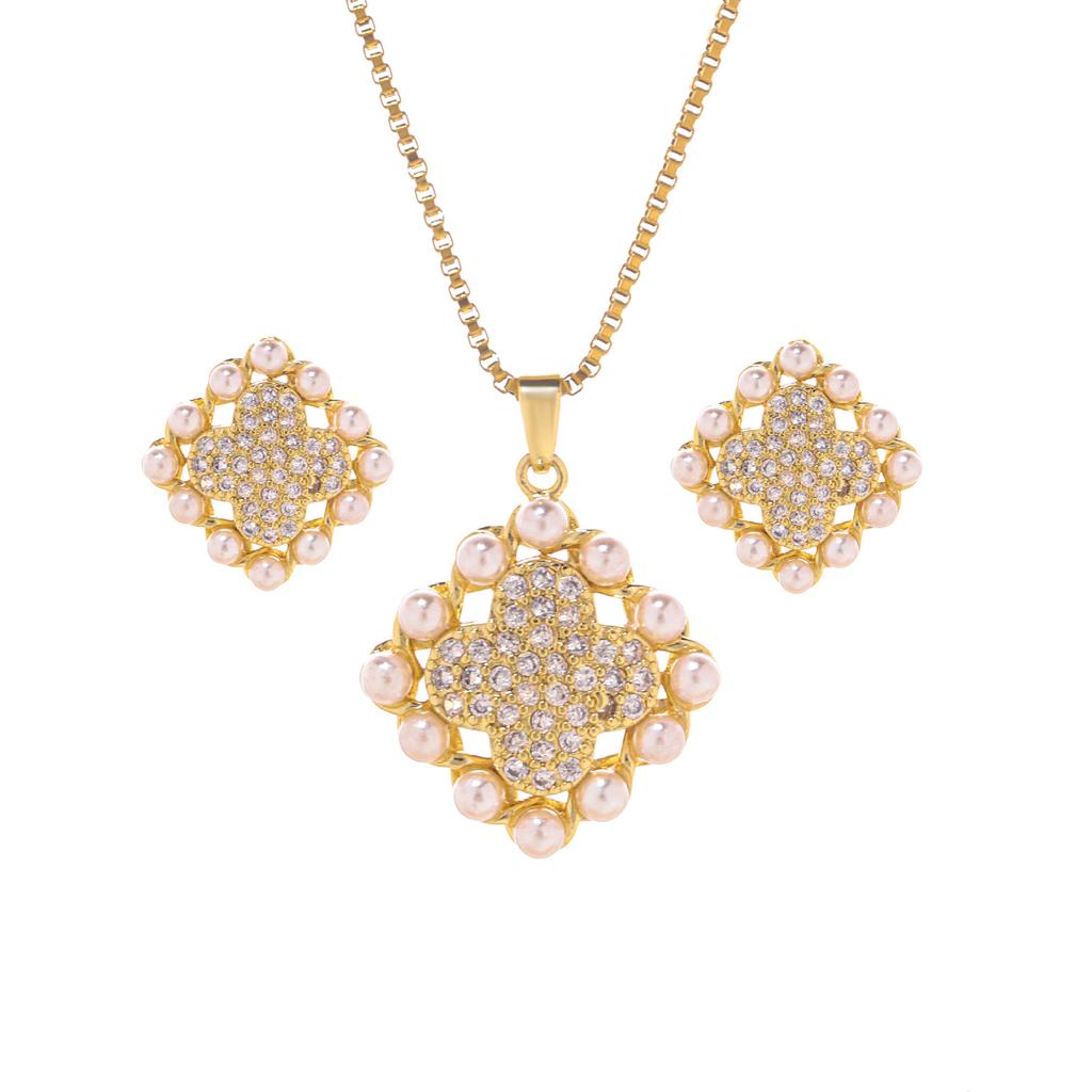 Zircon Four-Leaf Flower Pearl Necklace Women'S Light Luxury Versatile Temperament Set Jewelry