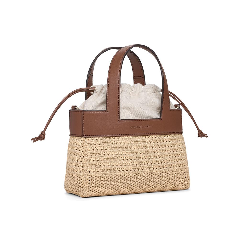 Charles & Keith Small Ck 26 Summer Vacation Woven Basket Bag Pu Mixed Fabric Tote Bag Women Tote Bag Beige Brown CK11-30782847