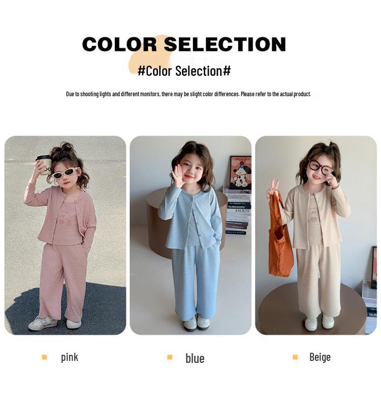 2025 Autumn Girls' Korean Style Three-Piece Set: Teddy Bear Cardigan, Knitted Sweater Vest, and Wide-Leg Pants