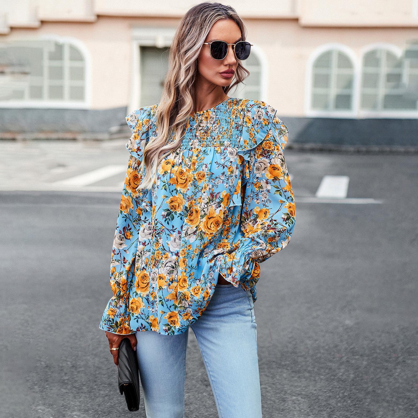 Женская осенне-зимняя рубашка с круглым вырезом и оборками — фото 10