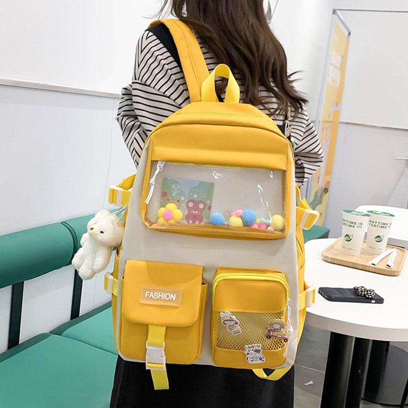 5pcs/set Kawaii School Bags for Teenage Girls Casual Canvas Large Capacity Student Bookbags Women Travel Backpack Shoulder Bags