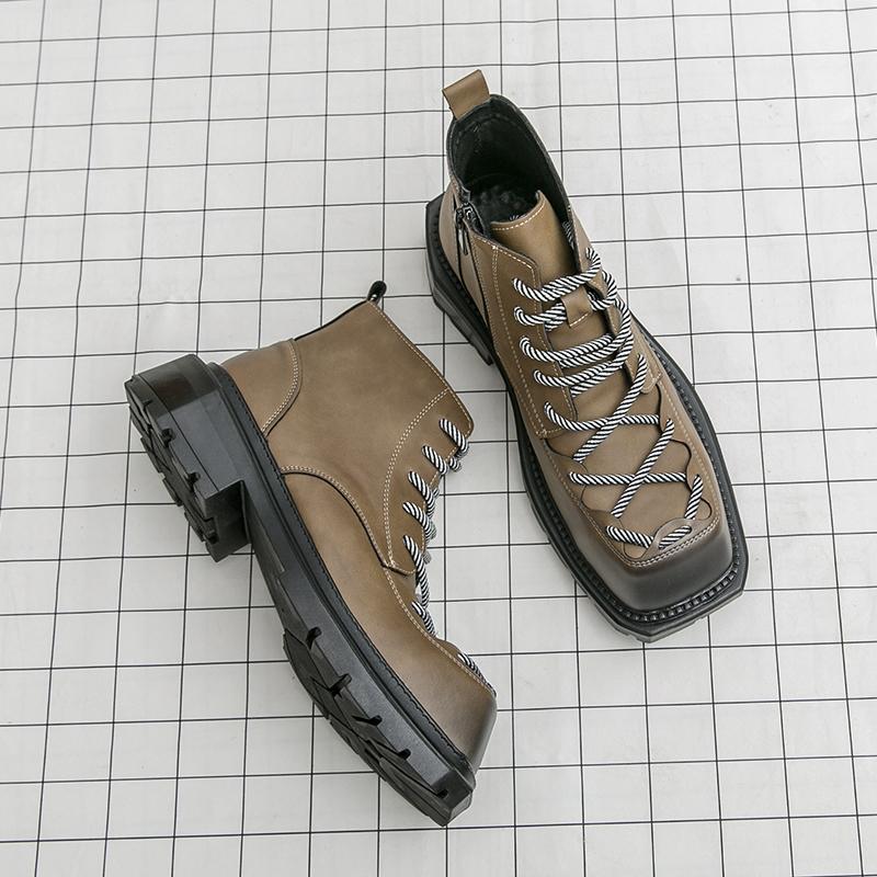 

Fashion Autumn New Men Comfortable Lace Up Side Zipper High Top Leather Shoes Fashion Brand Round Toe Thick Soled Non Slip Outdoor Boots 44 хаки