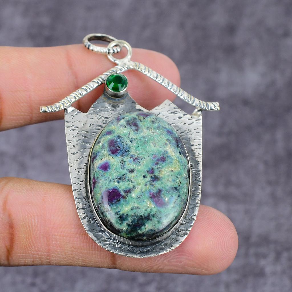 Ruby Fuchsite,Diopside Lab-Created Handmade 925 Sterling Silver Pendant 2" b3Z92