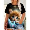 Plus Size Casual Crew Neck Short Sleeve Cat Animal Print T-Shirt - Soft Stretch Polyester Fabric Spring and Summer Womens Relaxed Fit Clothing