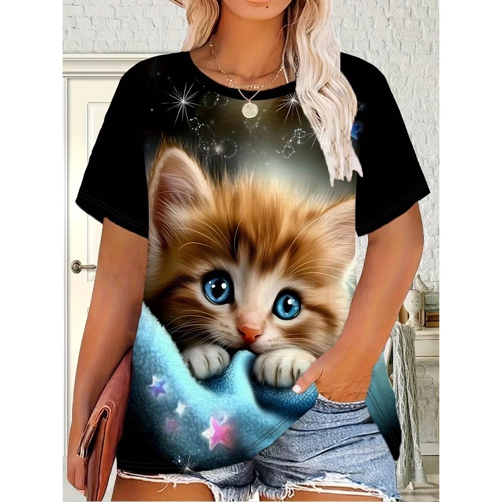 Plus Size Casual Crew Neck Short Sleeve Cat Animal Print T-Shirt - Soft Stretch Polyester Fabric Spring and Summer Womens Relaxed Fit Clothing