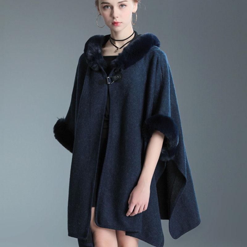 Herbst und Winter Imitation Rex Kaninchen Pelzkragen Kapuzenschal Damen Großer Wollmantel Mantel Lose Strickjacke Damen