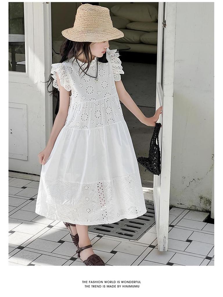 Summer 2025 Girls' Lace Princess Dress - Trendy Long Style for Big Children