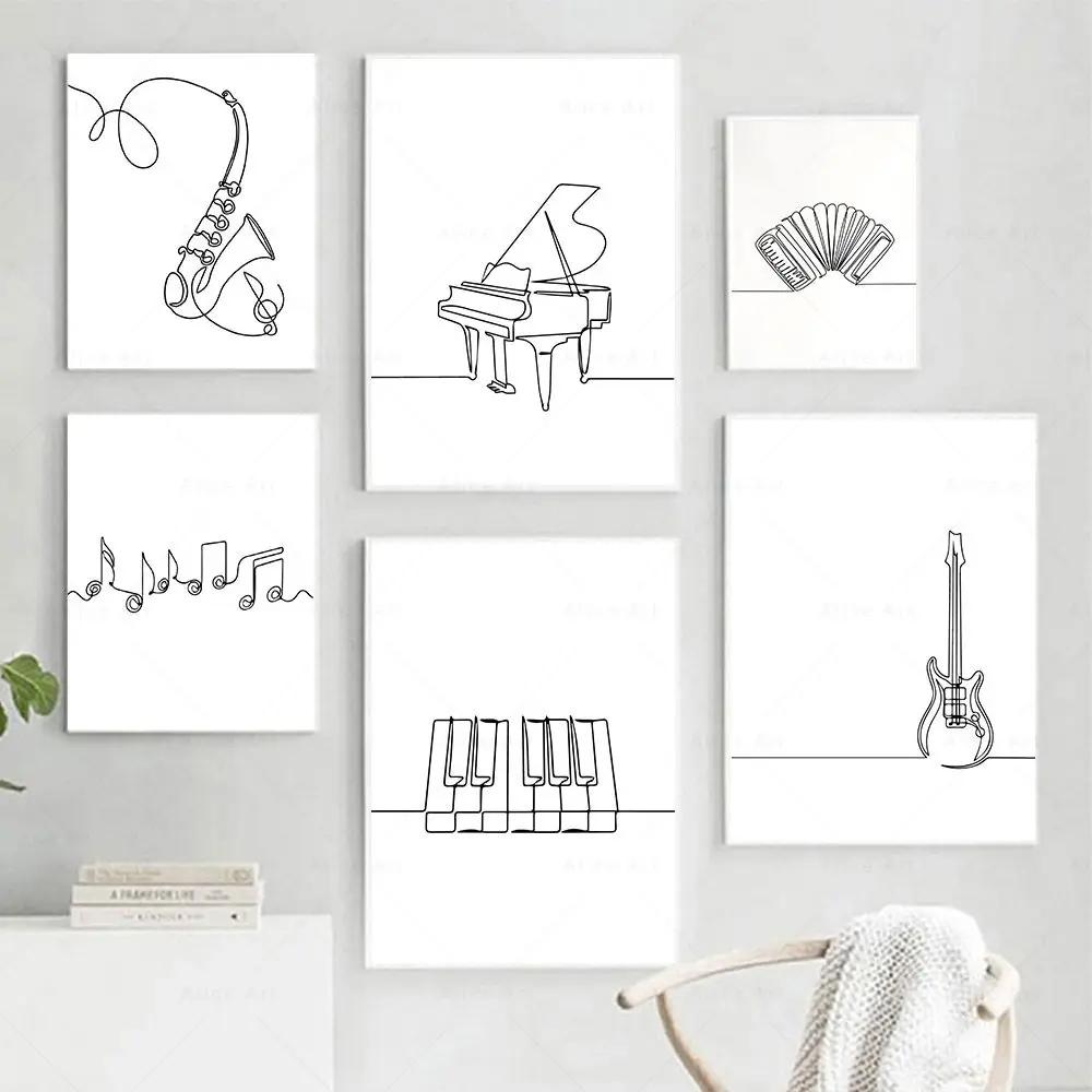 Draw Wall Art Canvas Poster Music Print Nordic Piano Guitar Saxophone Line Abstract Minimalist Painting Picture Living Room Deco