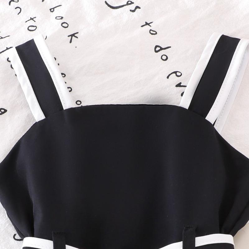 Girls' Fashionable Black Outfit - Summer Children's Simple Halter Top + Wide-leg Shorts Set