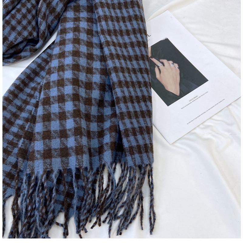 Scarf Women's Winter New Warm Retro Plaid Contrasting Color Thousand Bird Plaid Knitted Scarf Fringed Shawl