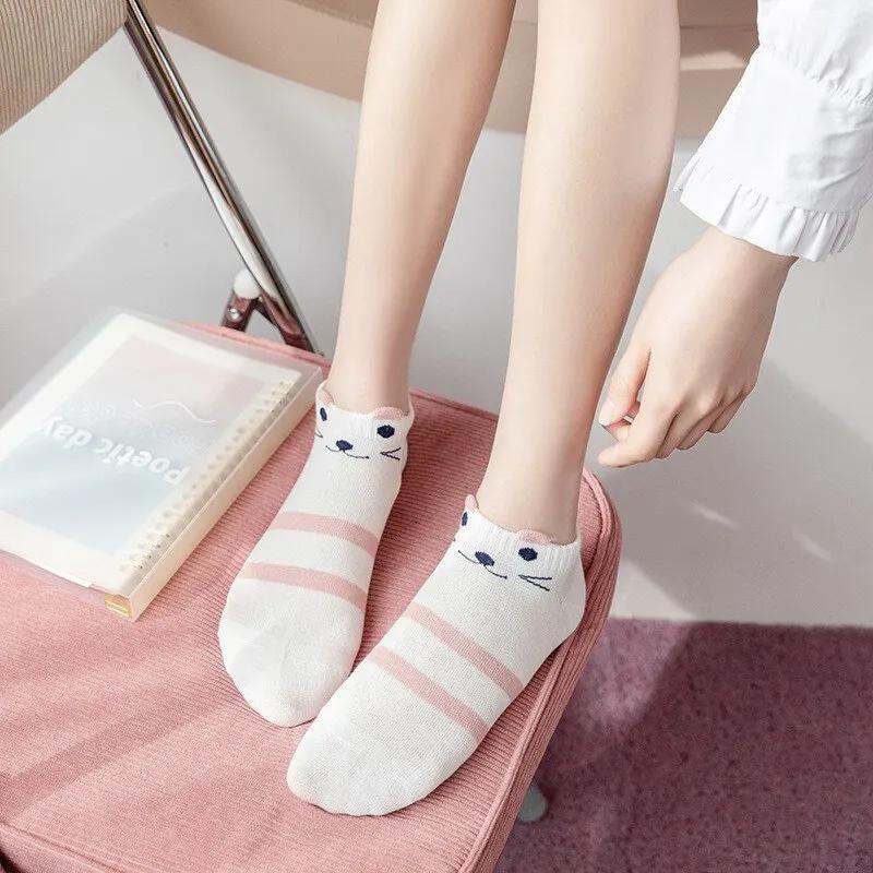 5/10/20 Pairs Women's Short Tube Socks Pink Cat Thin Four Seasons Cute Boat Sockslow Top Ins Trendy Socks harajuku kawaii