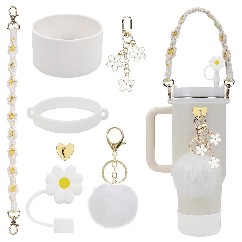 Stanley Water Bottle Accessory Set: Floral Straw Cap with Hand-Woven Rope & Silicone Sleeve for IceFlow Cup