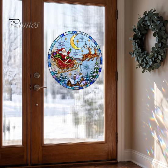 Retro Art Window Decoration Christmas Santa Sleigh Suncatcher Cling, Stained Glass Style Static Holiday Party Ornament Sticker, Rainbow Film