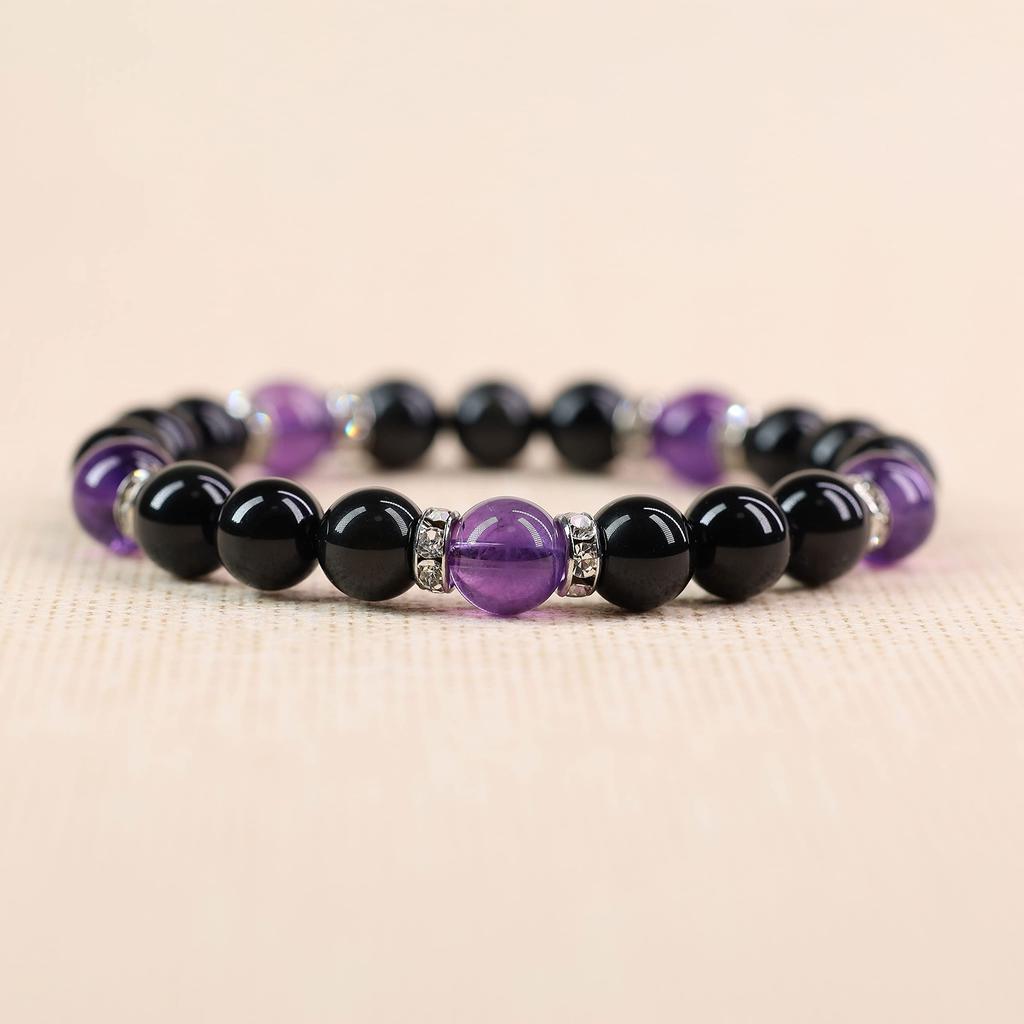 COAI Obsidian and Amethyst Bracelet Protection and Purification Prayer (February Birthday), Bracelet, Beads, Women's