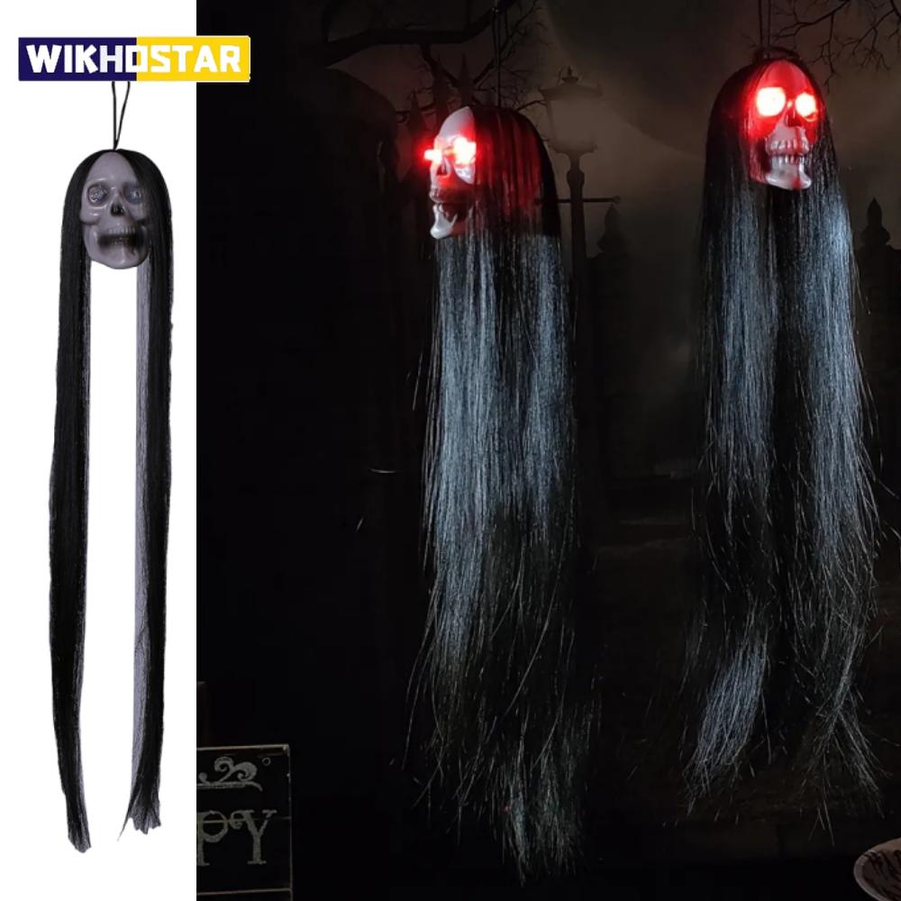 New 2024 Halloween LED Hanging Long Hair Skeleton Female Ghost Horror Luminous Eyes Skull Props Halloween Horror Decorative