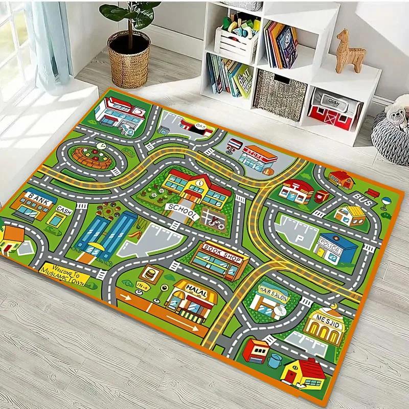 3D-Druck Kinderspielmatte Stadtverkehrskarte Großer Flächenteppich Teppich für Wohnzimmer Schlafzimmer Kinder Spielen Rutschfeste Bodendekormatte Geschenk