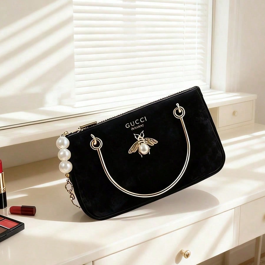 Gucci Black Velvet Gucci Bee Chain Cosmetic Bag with Pearl Detail