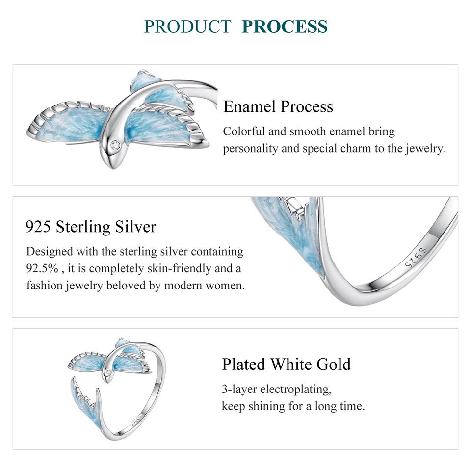 WOSTU 925 Sterling Silver Flying Fish Adjustable Open Ring Ocean Blue Enamel Mermaid Tail Adjustable Rings Vacation Jewelry