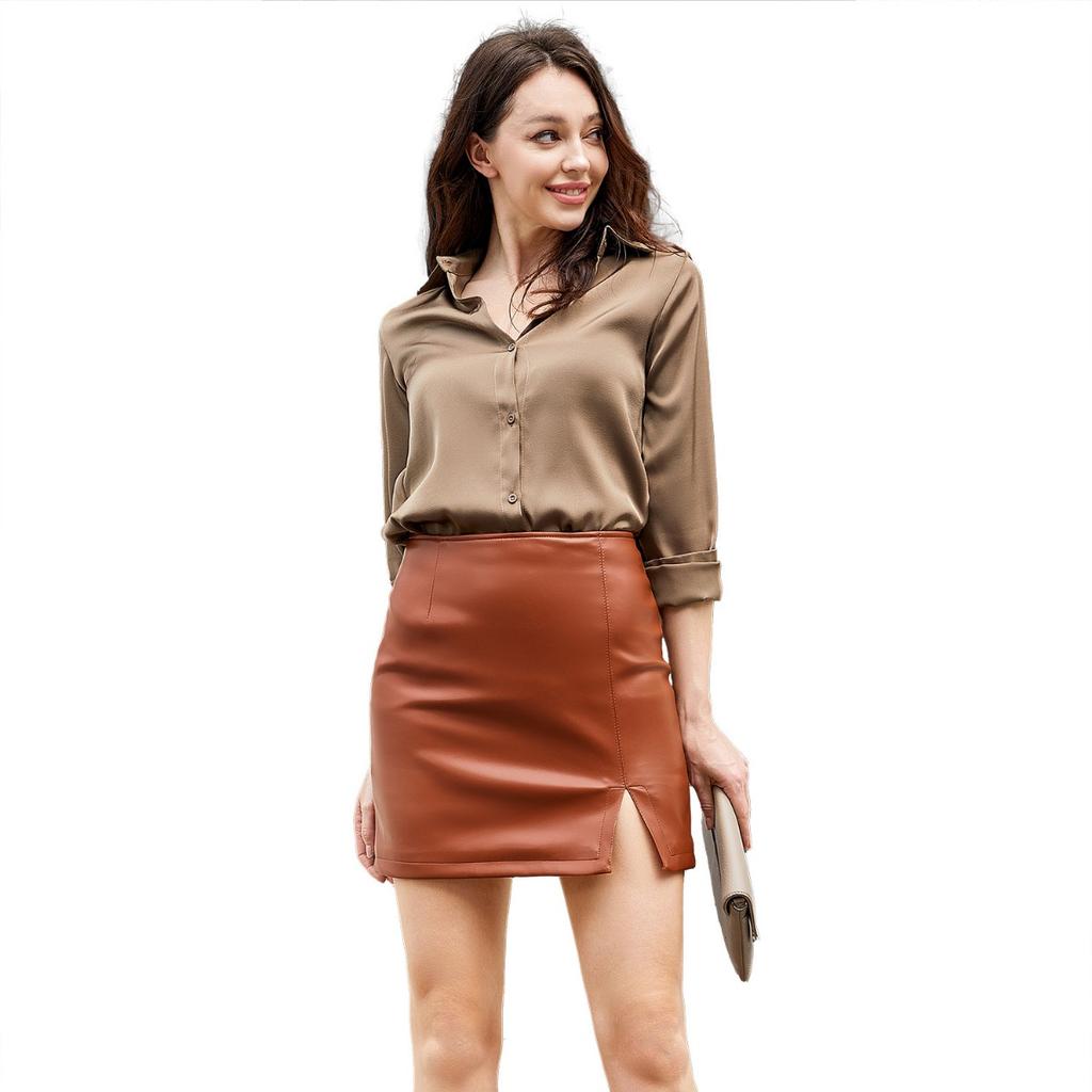 Damen Hohe Taille Bodycon PU-Leder Minirock Einfarbiger Schlitz Bleistiftrock Büro Freizeitkleidung