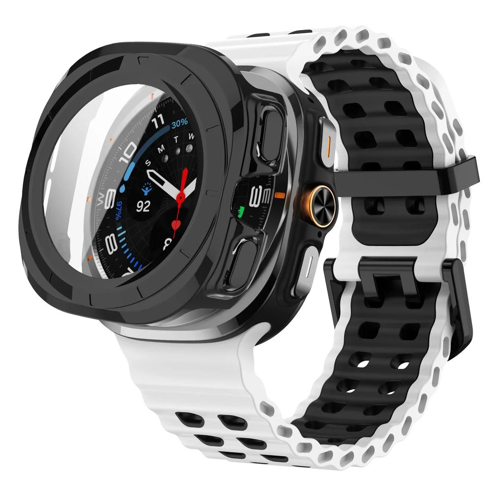 Gehärtetes Glas Case+Armband Für Samsung Galaxy Watch 7 ultra 47mm Zweifarbiges Sport-Silikonarmband Galaxy Watch Ultra7 Hülle