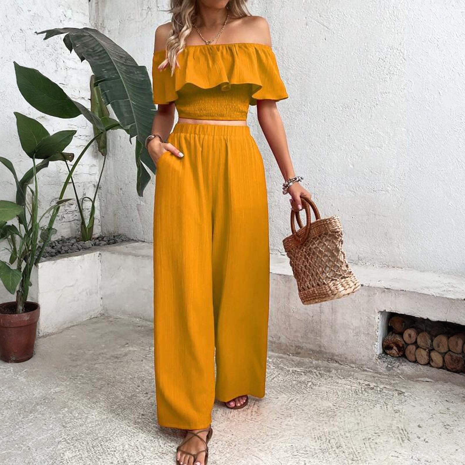 

Women s Fashionable Color One Shoulder Strapless Top With Elastic Waist Casual Wide Leg Pants, Two,piece Set XXL жовтий