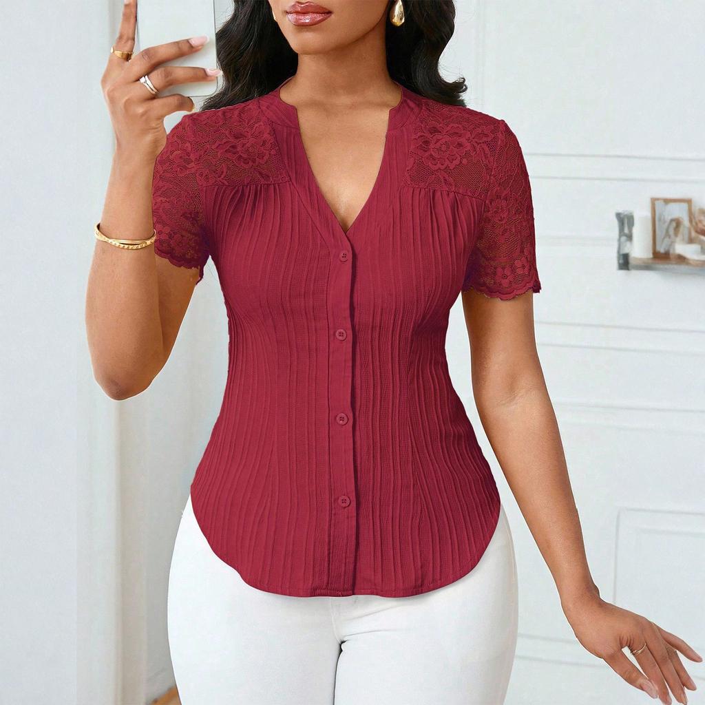 Women's Fashionable Versatile Single Breasted Color Slim Fit Embroidered Hollow Short Sleeved Top