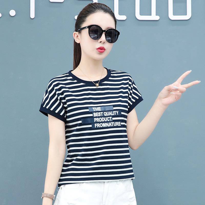 Women's White Striped Pure Cotton Short-Sleeve Round Neck T-Shirt, Summer 2025 Collection, Loose Fit