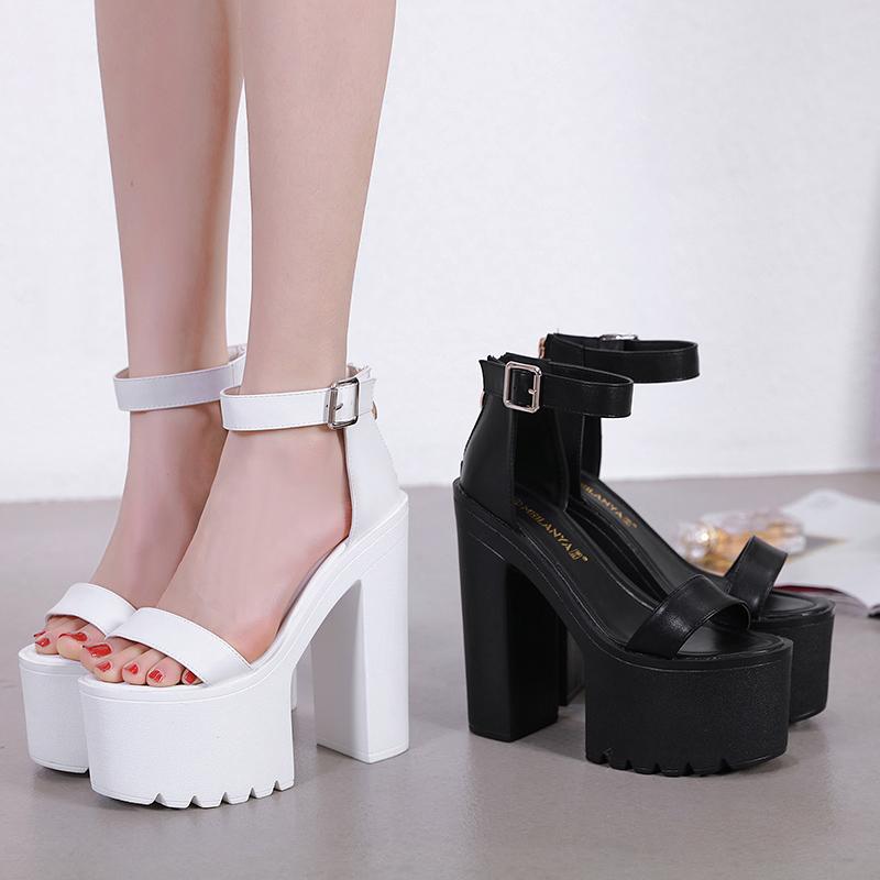 Fashion Summer Sexy 14cm Platform High Heels Buckle Strap Open Toe Sandals Chunky Heel Women Pumps Party Prom Shoes