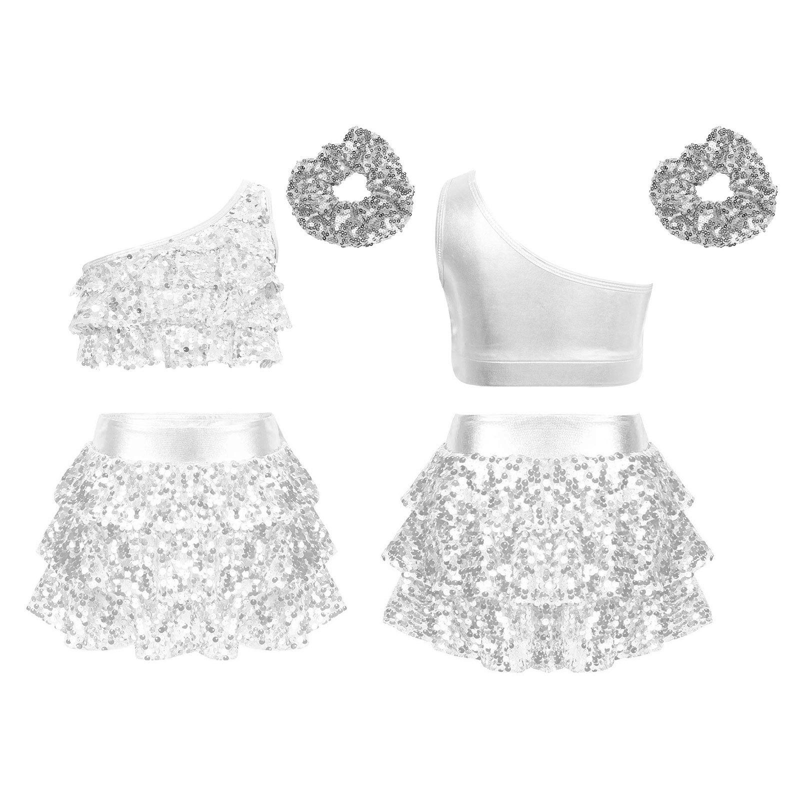 

Одяг для латиноамериканського джазового танцю для дітей, дівчаток, комплекти танцювального одягу з блискучими блискітками, укорочений топ із шортами в спідниці та гумкою для волосся срібний