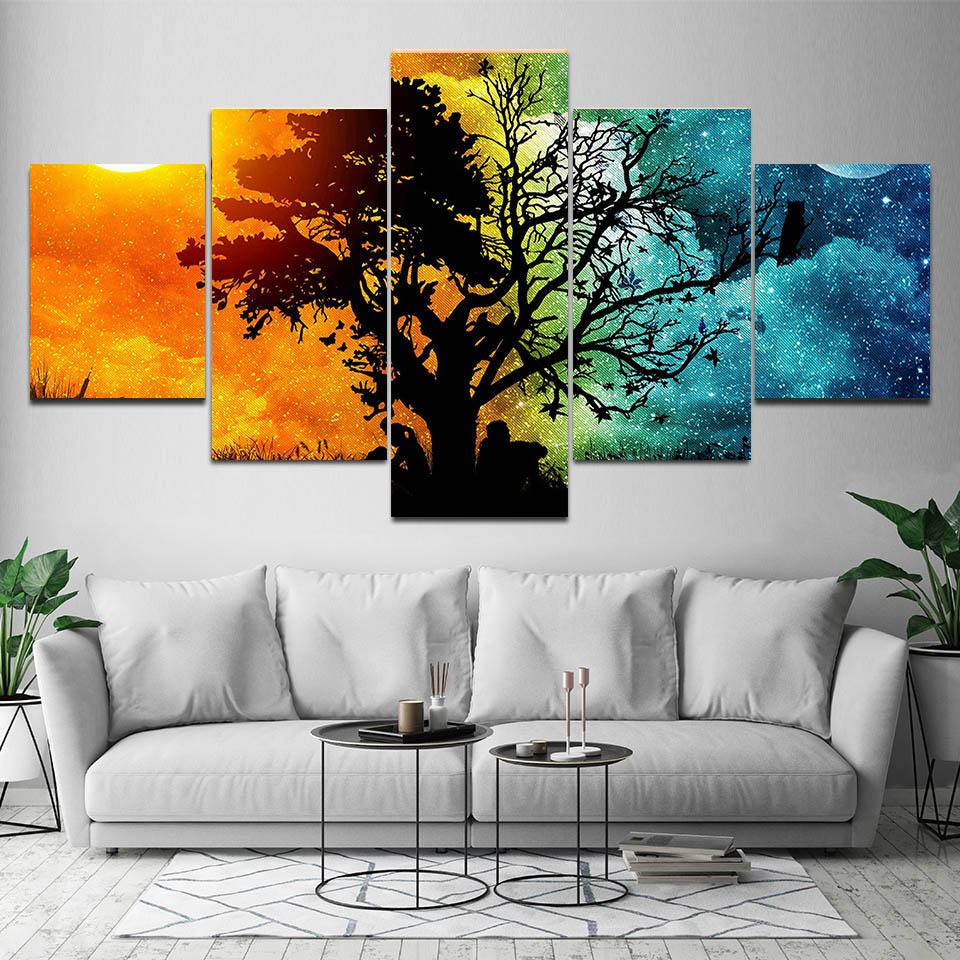 5 Panels Abstract Landscape Tree Couple Sun Moon Canvas Painting Posters and Prints Wall Art Pictures Home Decor No Frame