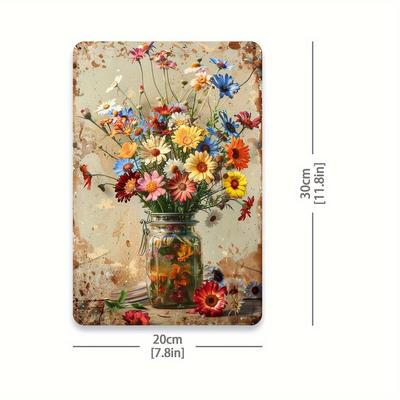 1pc Vintage Floral Metal Tin Sign Wall Art - Rustic Iron Colorful Daisy Bouquet In Jar, 20.32x30.48 Cm Square Home Decor for