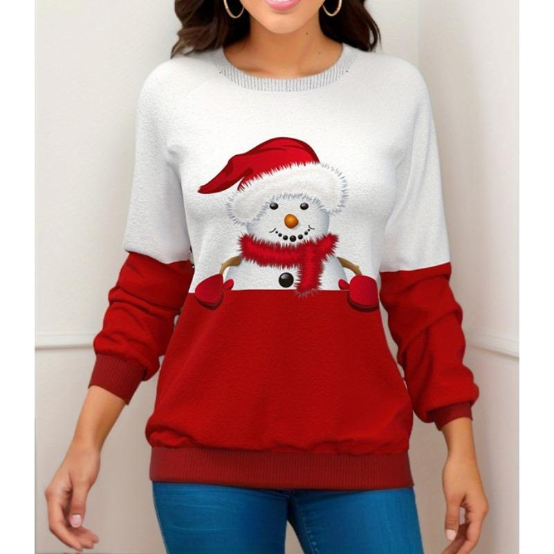 Casual Christmas Party Shirt with Snowman and Penguins Print, Long Sleeve Thin O-Neck